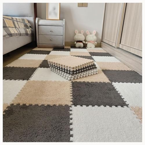 10 Stück rutschfeste Puzzle-Bodenfliesen Aus Eva-Schaum Mit Rand, 60 X 60 X 1 cm Puzzle-Teppichquadrate, Zottelige Ineinandergreifende Plüschmatte(Light Brown+White+Gray) von NMVAWIPT