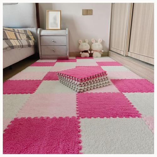 10 Stück rutschfeste Puzzle-Bodenfliesen Aus Eva-Schaum Mit Rand, 60 X 60 X 1 cm Puzzle-Teppichquadrate, Zottelige Ineinandergreifende Plüschmatte(Rose Red+Pink+White) von NMVAWIPT