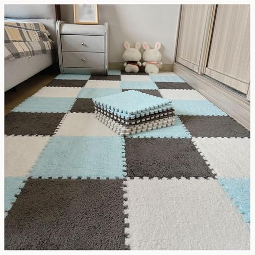 10 Stück rutschfeste Puzzle-Bodenfliesen Aus Eva-Schaum Mit Rand, 60 X 60 X 1 cm Puzzle-Teppichquadrate, Zottelige Ineinandergreifende Plüschmatte(White+Sky Blue+Gray) von NMVAWIPT