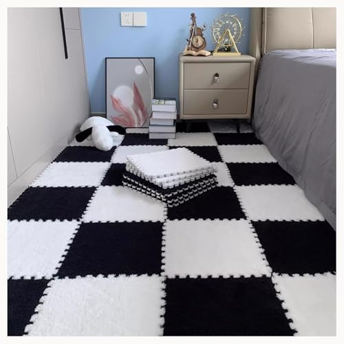 10 Stücke Teppich Puzzle Matten for Boden Flauschigen Plüsch Ineinander Greifen Anti Slip Eva Schaum Fliesen Weiche Puzzle Mit Grenze(Black+White) von NMVAWIPT