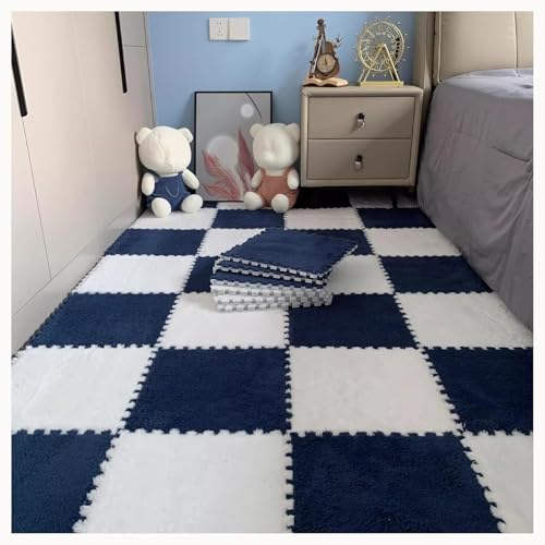 10 Stücke Teppich Puzzle Matten for Boden Flauschigen Plüsch Ineinander Greifen Anti Slip Eva Schaum Fliesen Weiche Puzzle Mit Grenze(Navy Blue+White) von NMVAWIPT