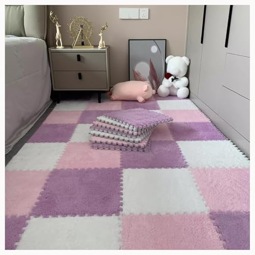10 Stücke Teppich Puzzle Matten for Boden Flauschigen Plüsch Ineinander Greifen Anti Slip Eva Schaum Fliesen Weiche Puzzle Mit Grenze(Pink+Purple+White) von NMVAWIPT