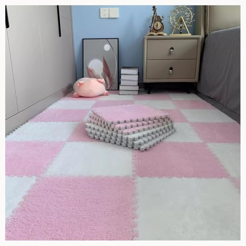 10 Stücke Teppich Puzzle Matten for Boden Flauschigen Plüsch Ineinander Greifen Anti Slip Eva Schaum Fliesen Weiche Puzzle Mit Grenze(Pink+White) von NMVAWIPT