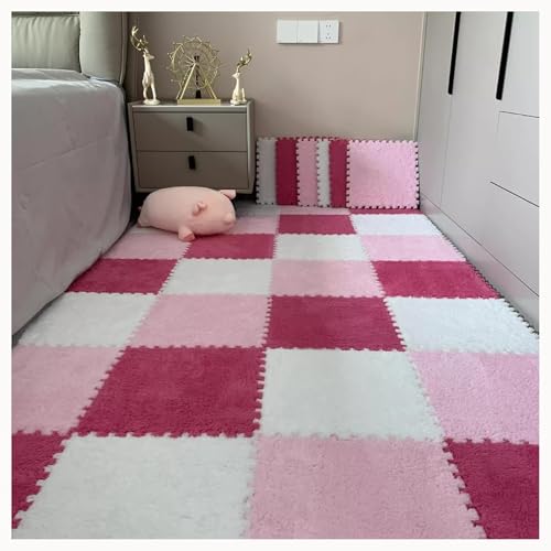 10 Stücke Teppich Puzzle Matten for Boden Flauschigen Plüsch Ineinander Greifen Anti Slip Eva Schaum Fliesen Weiche Puzzle Mit Grenze(Rose Red+Pink+White) von NMVAWIPT