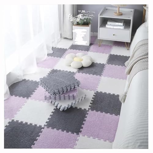 100-teiliger Puzzle-Teppich Mit Ineinander Greifenden Teppichquadraten, Bodenmatte Aus Weichem, Flauschigem Schaumstoff Mit Puzzle-Fliesen(Purple+Gray+White) von NMVAWIPT