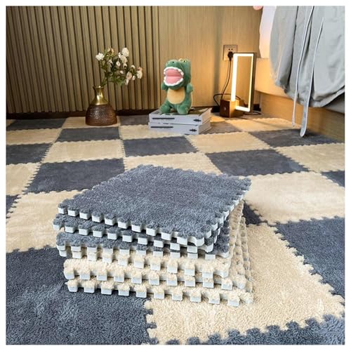 12 Ineinander Greifende Schaumstoff-Teppichfliesen, 12 X 12 Zoll Plüsch-Puzzle-Schaumstoff-Bodenmatte, Flauschige(Apricot+Gray) von NMVAWIPT