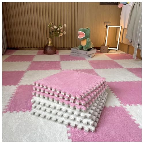 12 Ineinander Greifende Schaumstoff-Teppichfliesen, 12 X 12 Zoll Plüsch-Puzzle-Schaumstoff-Bodenmatte, Flauschige(White+Pink) von NMVAWIPT