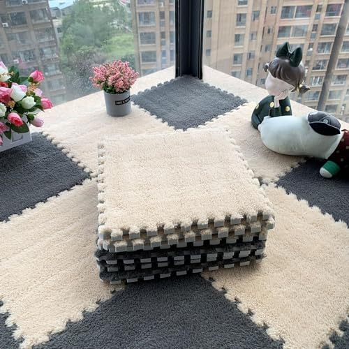 12 Stück/11,52 Quadratfuß Ineinander Greifende Puzzle-Bodenmatte Aus Schaumstoff, 12 X 12 X 0,4 Zoll Dicke Spielmatte Aus Plüschschaumstoff-Bodenfliesen(Gray+Apricot,0.6cm) von NMVAWIPT