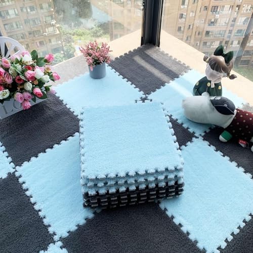 12 Stück/11,52 Quadratfuß Ineinander Greifende Puzzle-Bodenmatte Aus Schaumstoff, 12 X 12 X 0,4 Zoll Dicke Spielmatte Aus Plüschschaumstoff-Bodenfliesen(Gray+Light Blue,0.6cm) von NMVAWIPT