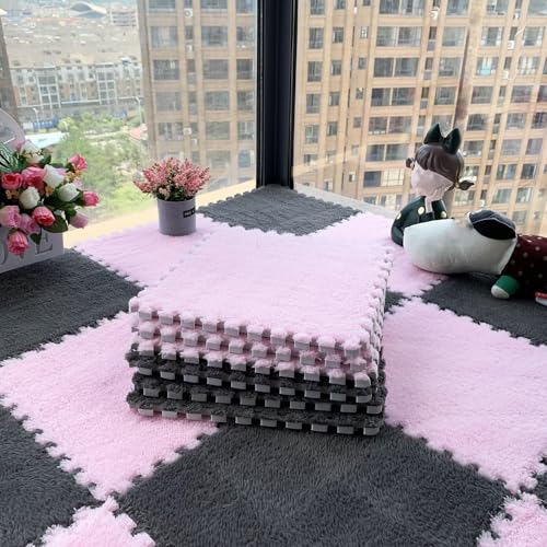 12 Stück/11,52 Quadratfuß Ineinander Greifende Puzzle-Bodenmatte Aus Schaumstoff, 12 X 12 X 0,4 Zoll Dicke Spielmatte Aus Plüschschaumstoff-Bodenfliesen(Gray+pink,0.6cm) von NMVAWIPT