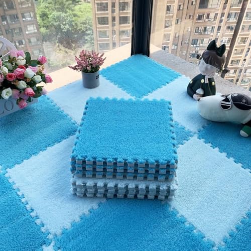 12 Stück/11,52 Quadratfuß Ineinander Greifende Puzzle-Bodenmatte Aus Schaumstoff, 12 X 12 X 0,4 Zoll Dicke Spielmatte Aus Plüschschaumstoff-Bodenfliesen(Lake Blue+Light Blue,0.6cm) von NMVAWIPT