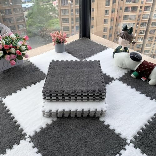 12 Stück/11,52 Quadratfuß Ineinander Greifende Puzzle-Bodenmatte Aus Schaumstoff, 12 X 12 X 0,4 Zoll Dicke Spielmatte Aus Plüschschaumstoff-Bodenfliesen(White+Gray,1cm) von NMVAWIPT