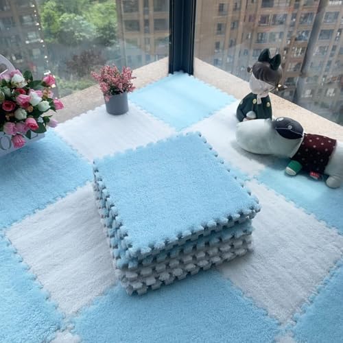 12 Stück/11,52 Quadratfuß Ineinander Greifende Puzzle-Bodenmatte Aus Schaumstoff, 12 X 12 X 0,4 Zoll Dicke Spielmatte Aus Plüschschaumstoff-Bodenfliesen(White+Light Blue,0.6cm) von NMVAWIPT