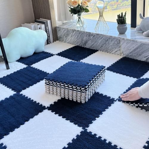12 Stück/11,52 Quadratfuß Ineinander Greifende Puzzle-Bodenmatte Aus Schaumstoff, 12 X 12 X 0,4 Zoll Dicke Spielmatte Aus Plüschschaumstoff-Bodenfliesen(White+Navy Blue,0.6cm) von NMVAWIPT