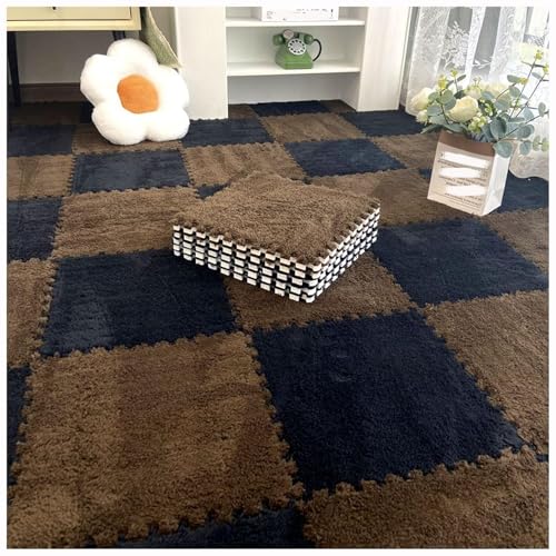 12 Stück 30 X 30 cm Ineinander Greifende Puzzle-Teppichfliesen Mit Kanten, Bodenteppichfliesen Aus Plüschschaum, Flauschige Quadratische Schaumstoffmatte(Black+Dark Brown) von NMVAWIPT