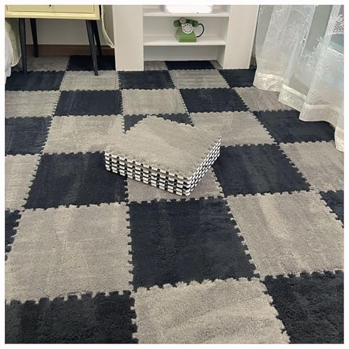 12 Stück 30 X 30 cm Ineinander Greifende Puzzle-Teppichfliesen Mit Kanten, Bodenteppichfliesen Aus Plüschschaum, Flauschige Quadratische Schaumstoffmatte(Black+Gray) von NMVAWIPT