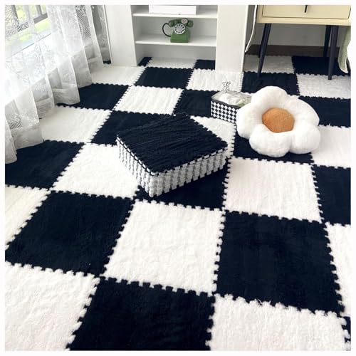 12 Stück 30 X 30 cm Ineinander Greifende Puzzle-Teppichfliesen Mit Kanten, Bodenteppichfliesen Aus Plüschschaum, Flauschige Quadratische Schaumstoffmatte(Black+White) von NMVAWIPT