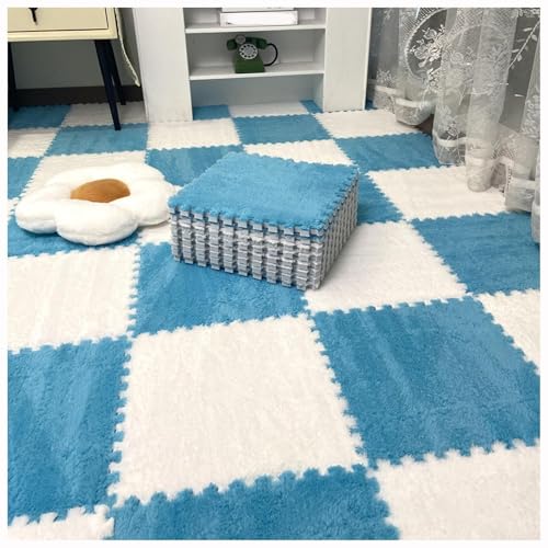 12 Stück 30 X 30 cm Ineinander Greifende Puzzle-Teppichfliesen Mit Kanten, Bodenteppichfliesen Aus Plüschschaum, Flauschige Quadratische Schaumstoffmatte(Dark Blue+White) von NMVAWIPT