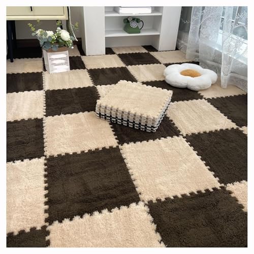 12 Stück 30 X 30 cm Ineinander Greifende Puzzle-Teppichfliesen Mit Kanten, Bodenteppichfliesen Aus Plüschschaum, Flauschige Quadratische Schaumstoffmatte(Dark Brown+Light Brown) von NMVAWIPT