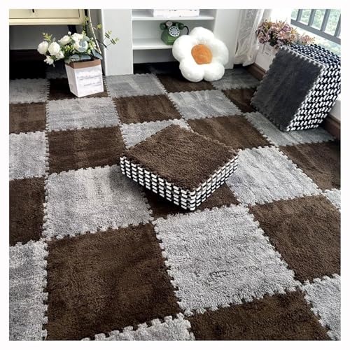 12 Stück 30 X 30 cm Ineinander Greifende Puzzle-Teppichfliesen Mit Kanten, Bodenteppichfliesen Aus Plüschschaum, Flauschige Quadratische Schaumstoffmatte(Gray+Dark Brown) von NMVAWIPT