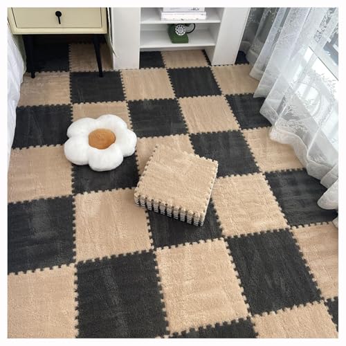 12 Stück 30 X 30 cm Ineinander Greifende Puzzle-Teppichfliesen Mit Kanten, Bodenteppichfliesen Aus Plüschschaum, Flauschige Quadratische Schaumstoffmatte(Gray+Light Brown) von NMVAWIPT