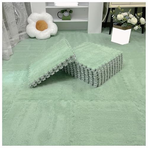 12 Stück 30 X 30 cm Ineinander Greifende Puzzle-Teppichfliesen Mit Kanten, Bodenteppichfliesen Aus Plüschschaum, Flauschige Quadratische Schaumstoffmatte(Green) von NMVAWIPT