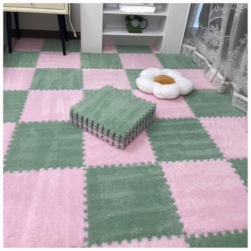 12 Stück 30 X 30 cm Ineinander Greifende Puzzle-Teppichfliesen Mit Kanten, Bodenteppichfliesen Aus Plüschschaum, Flauschige Quadratische Schaumstoffmatte(Green+Pink) von NMVAWIPT