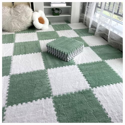 12 Stück 30 X 30 cm Ineinander Greifende Puzzle-Teppichfliesen Mit Kanten, Bodenteppichfliesen Aus Plüschschaum, Flauschige Quadratische Schaumstoffmatte(Green+White) von NMVAWIPT