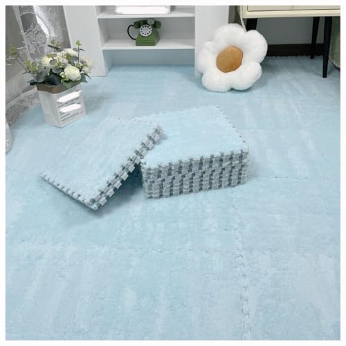 12 Stück 30 X 30 cm Ineinander Greifende Puzzle-Teppichfliesen Mit Kanten, Bodenteppichfliesen Aus Plüschschaum, Flauschige Quadratische Schaumstoffmatte(Light Blue) von NMVAWIPT