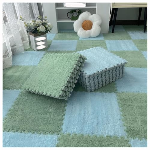 12 Stück 30 X 30 cm Ineinander Greifende Puzzle-Teppichfliesen Mit Kanten, Bodenteppichfliesen Aus Plüschschaum, Flauschige Quadratische Schaumstoffmatte(Light Blue+Green) von NMVAWIPT