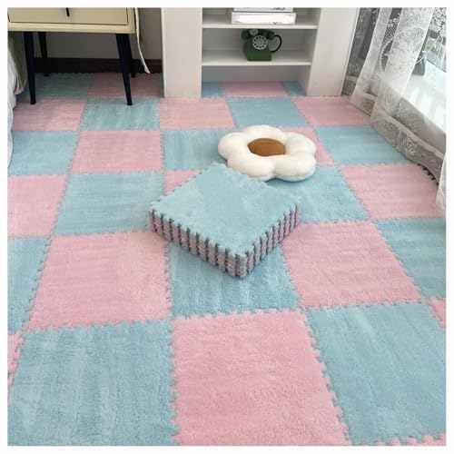 12 Stück 30 X 30 cm Ineinander Greifende Puzzle-Teppichfliesen Mit Kanten, Bodenteppichfliesen Aus Plüschschaum, Flauschige Quadratische Schaumstoffmatte(Light Blue+Pink) von NMVAWIPT