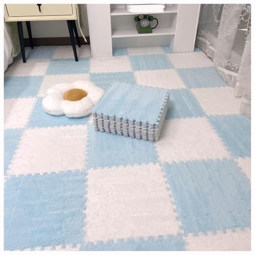 12 Stück 30 X 30 cm Ineinander Greifende Puzzle-Teppichfliesen Mit Kanten, Bodenteppichfliesen Aus Plüschschaum, Flauschige Quadratische Schaumstoffmatte(Light Blue+White) von NMVAWIPT