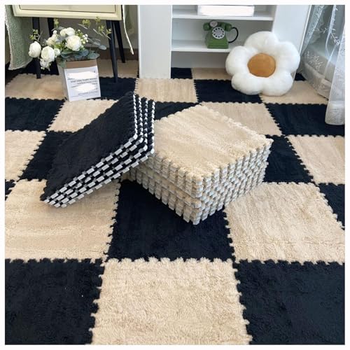 12 Stück 30 X 30 cm Ineinander Greifende Puzzle-Teppichfliesen Mit Kanten, Bodenteppichfliesen Aus Plüschschaum, Flauschige Quadratische Schaumstoffmatte(Light Brown+Black) von NMVAWIPT