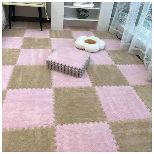 12 Stück 30 X 30 cm Ineinander Greifende Puzzle-Teppichfliesen Mit Kanten, Bodenteppichfliesen Aus Plüschschaum, Flauschige Quadratische Schaumstoffmatte(Light Brown+Pink) von NMVAWIPT