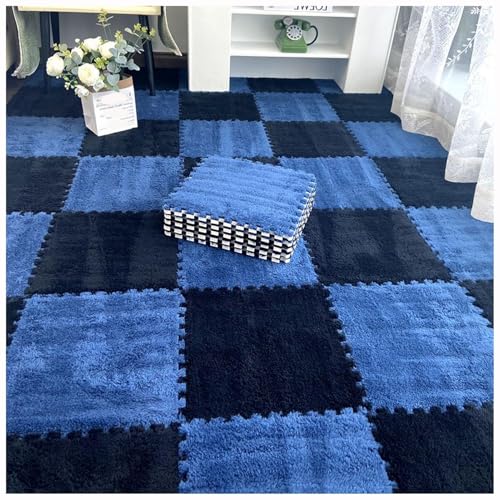 12 Stück 30 X 30 cm Ineinander Greifende Puzzle-Teppichfliesen Mit Kanten, Bodenteppichfliesen Aus Plüschschaum, Flauschige Quadratische Schaumstoffmatte(Navy Blue+Black) von NMVAWIPT