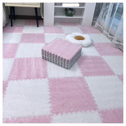 12 Stück 30 X 30 cm Ineinander Greifende Puzzle-Teppichfliesen Mit Kanten, Bodenteppichfliesen Aus Plüschschaum, Flauschige Quadratische Schaumstoffmatte(Pink+White) von NMVAWIPT
