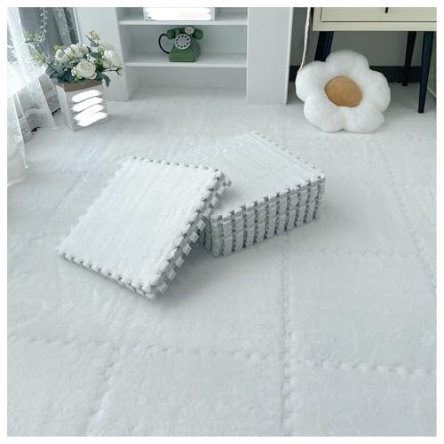 12 Stück 30 X 30 cm Ineinander Greifende Puzzle-Teppichfliesen Mit Kanten, Bodenteppichfliesen Aus Plüschschaum, Flauschige Quadratische Schaumstoffmatte(White) von NMVAWIPT