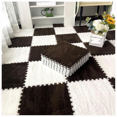 12 Stück 30 X 30 cm Ineinander Greifende Puzzle-Teppichfliesen Mit Kanten, Bodenteppichfliesen Aus Plüschschaum, Flauschige Quadratische Schaumstoffmatte(White+Dark Brown) von NMVAWIPT
