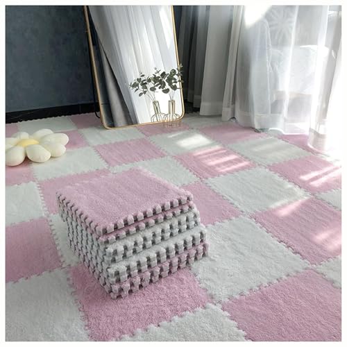 12-teilige Quadratische Puzzle-Spielmatte Aus Eva, 12 X 12 Zoll Große Plüschschaum-Bodenfliesen for Zimmerböden, Ineinander Greifende Teppichfliesen(Pink+White,1cm) von NMVAWIPT