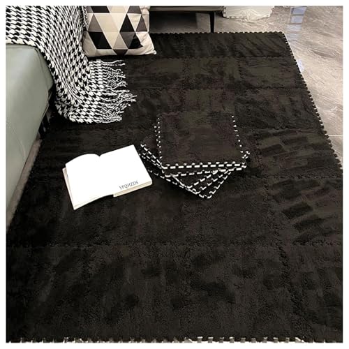 12-teiliger Ineinander Greifender Puzzle-Teppich, Quadratische, Flauschige Spielmatte Aus Plüschschaum, Bodenfliesen, 12 X 12 X 0,4 Zoll, Weicher, Flauschiger Teppich(Black) von NMVAWIPT