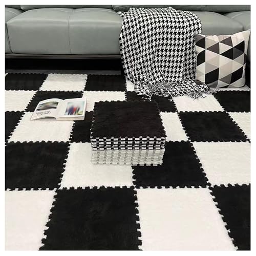 12-teiliger Ineinander Greifender Puzzle-Teppich, Quadratische, Flauschige Spielmatte Aus Plüschschaum, Bodenfliesen, 12 X 12 X 0,4 Zoll, Weicher, Flauschiger Teppich(Black+White) von NMVAWIPT