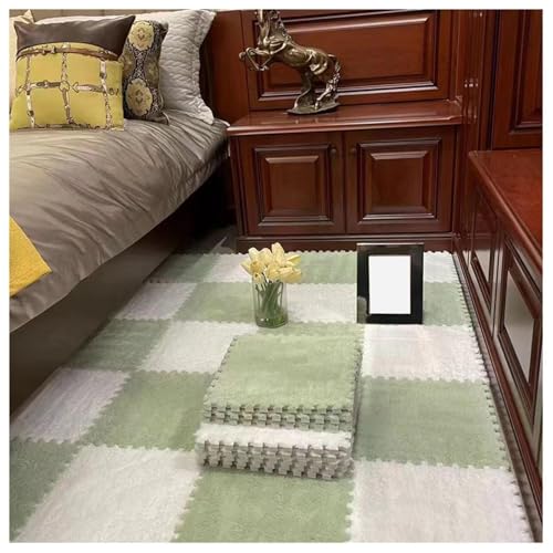 12-teiliger Ineinander Greifender Puzzle-Teppich, Quadratische, Flauschige Spielmatte Aus Plüschschaum, Bodenfliesen, 12 X 12 X 0,4 Zoll, Weicher, Flauschiger Teppich(Light Green+White) von NMVAWIPT