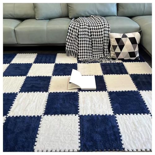 12-teiliger Ineinander Greifender Puzzle-Teppich, Quadratische, Flauschige Spielmatte Aus Plüschschaum, Bodenfliesen, 12 X 12 X 0,4 Zoll, Weicher, Flauschiger Teppich(Navy Blue+White) von NMVAWIPT