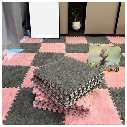 12-teiliger Ineinander Greifender Puzzle-Teppich, Quadratische, Flauschige Spielmatte Aus Plüschschaum, Bodenfliesen, 12 X 12 X 0,4 Zoll, Weicher, Flauschiger Teppich(Pink+Gray) von NMVAWIPT