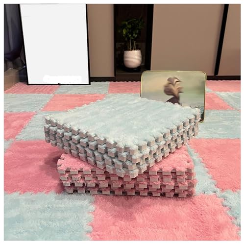 12-teiliger Ineinander Greifender Puzzle-Teppich, Quadratische, Flauschige Spielmatte Aus Plüschschaum, Bodenfliesen, 12 X 12 X 0,4 Zoll, Weicher, Flauschiger Teppich(Pink+Light Green) von NMVAWIPT