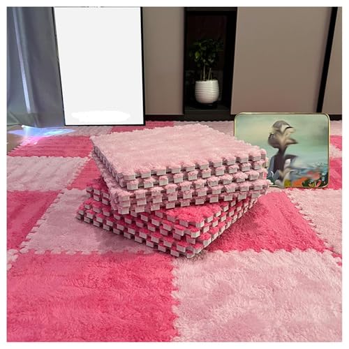 12-teiliger Ineinander Greifender Puzzle-Teppich, Quadratische, Flauschige Spielmatte Aus Plüschschaum, Bodenfliesen, 12 X 12 X 0,4 Zoll, Weicher, Flauschiger Teppich(Pink+Rose Red) von NMVAWIPT