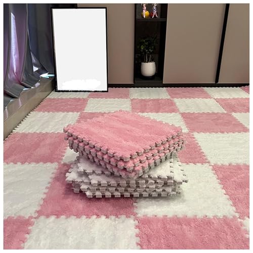 12-teiliger Ineinander Greifender Puzzle-Teppich, Quadratische, Flauschige Spielmatte Aus Plüschschaum, Bodenfliesen, 12 X 12 X 0,4 Zoll, Weicher, Flauschiger Teppich(Pink+White) von NMVAWIPT