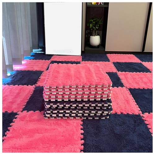 12-teiliger Ineinander Greifender Puzzle-Teppich, Quadratische, Flauschige Spielmatte Aus Plüschschaum, Bodenfliesen, 12 X 12 X 0,4 Zoll, Weicher, Flauschiger Teppich(Rose Red+Navy Blue) von NMVAWIPT