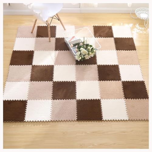 12-teiliger Plüschschaum-Teppich, 12x12 Zoll Große, Ineinander Greifende Quadrat-Fußmatten, Flauschiger Puzzle-Teppich, Verdickte Bodenfliesen, Spielmatte(Brown+Light Brown+White) von NMVAWIPT