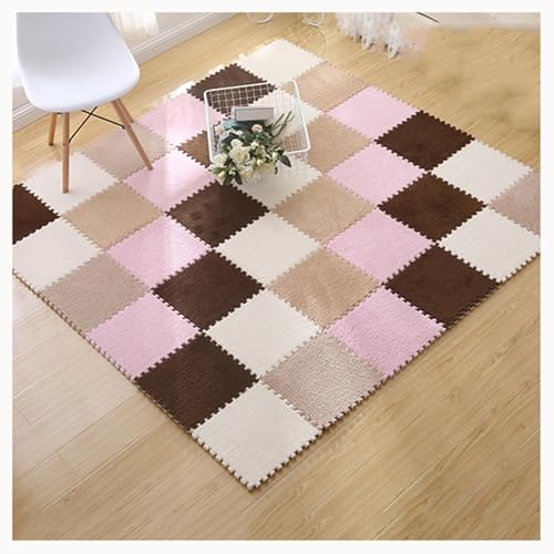 12-teiliger Plüschschaum-Teppich, 12x12 Zoll Große, Ineinander Greifende Quadrat-Fußmatten, Flauschiger Puzzle-Teppich, Verdickte Bodenfliesen, Spielmatte(Brown+Light Brown+White+pink) von NMVAWIPT